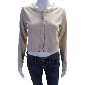 Almina Women's Round Neck Long Sleeves Button Down Blouse Beige Size  S